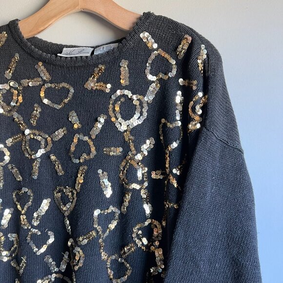 LAST CHANCE Vintage Kathie Lee Black and Gold Heart Sequin Knit Sweater Large - Picture 4 of 5